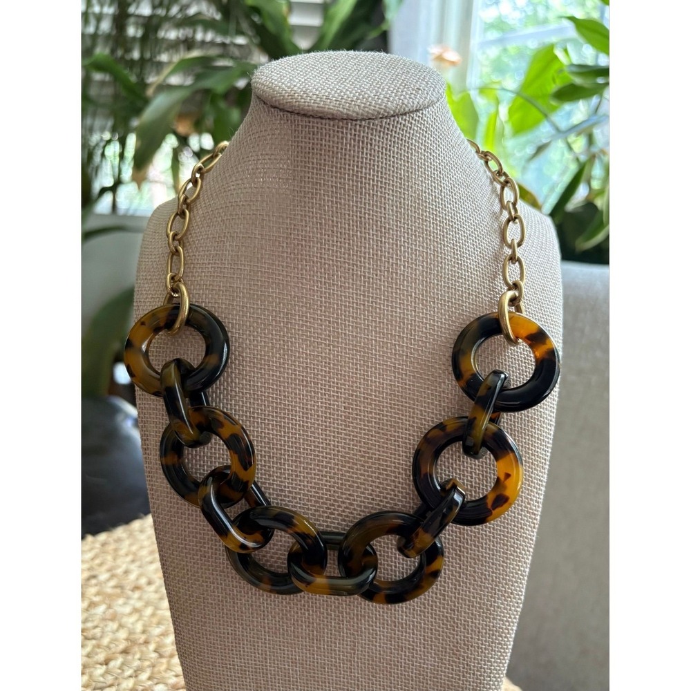 J.Crew Tortoiseshell  Link Statement Necklace Chunky Gold Tone Chain Signed